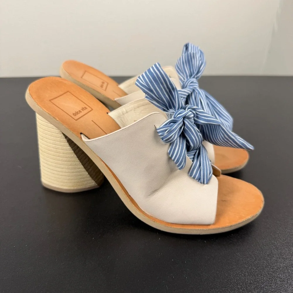 Dolce Vita Sandals Womens 8 White Cream Leather Chunky Wood Heels Slip On Dressy